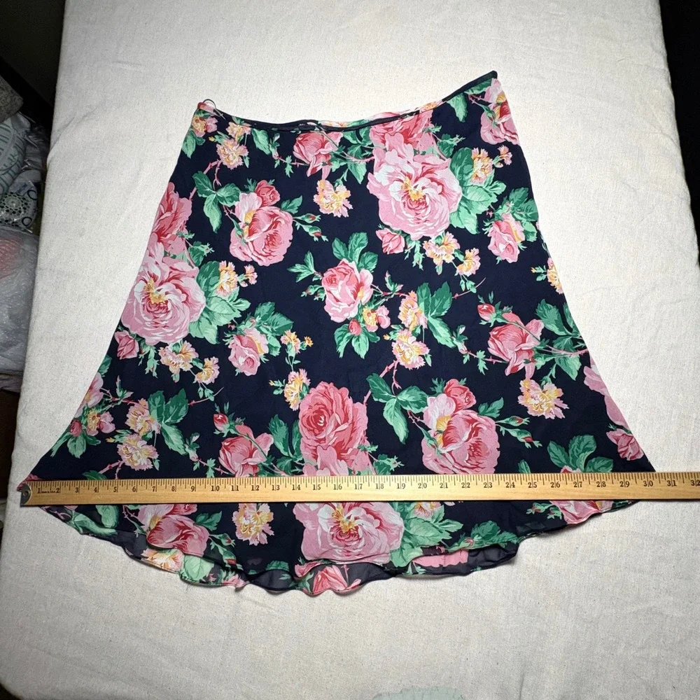 VTG Lauren Ralph Lauren Silk Floral Mini Skirt Coquette Navy Pink A-Line Size 14